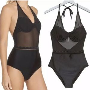 Ted Baker Scallop Mesh One Piece Black Swimwear